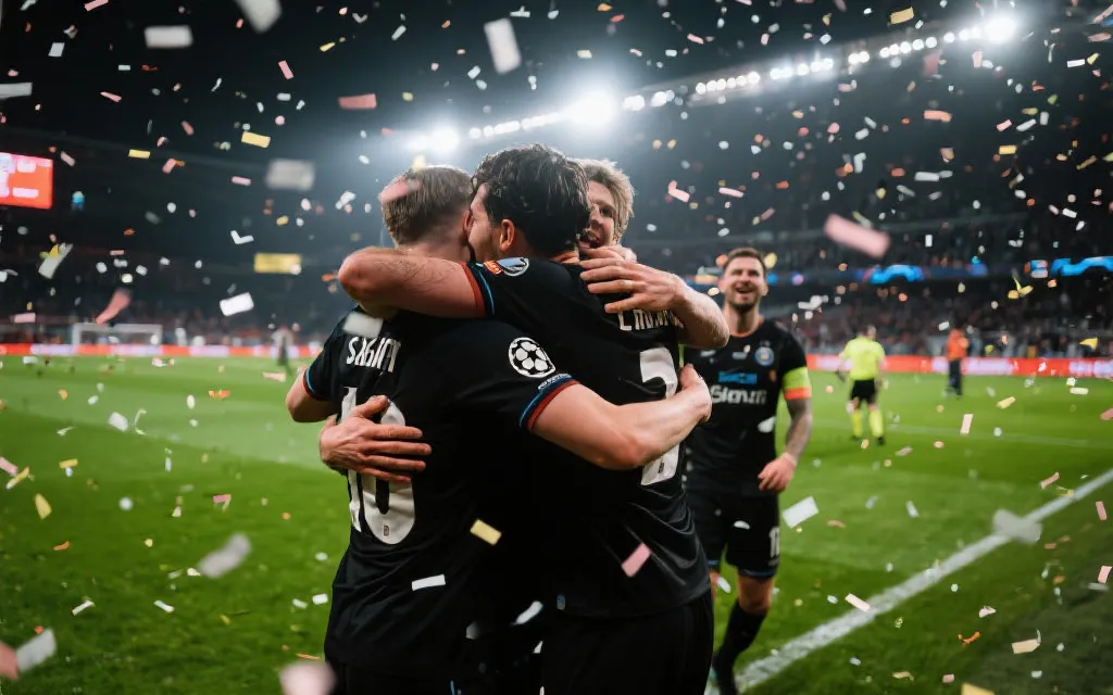 世界杯淘汰赛夜晚球场，球员拥抱庆祝，灯光与观众席形成强烈对比